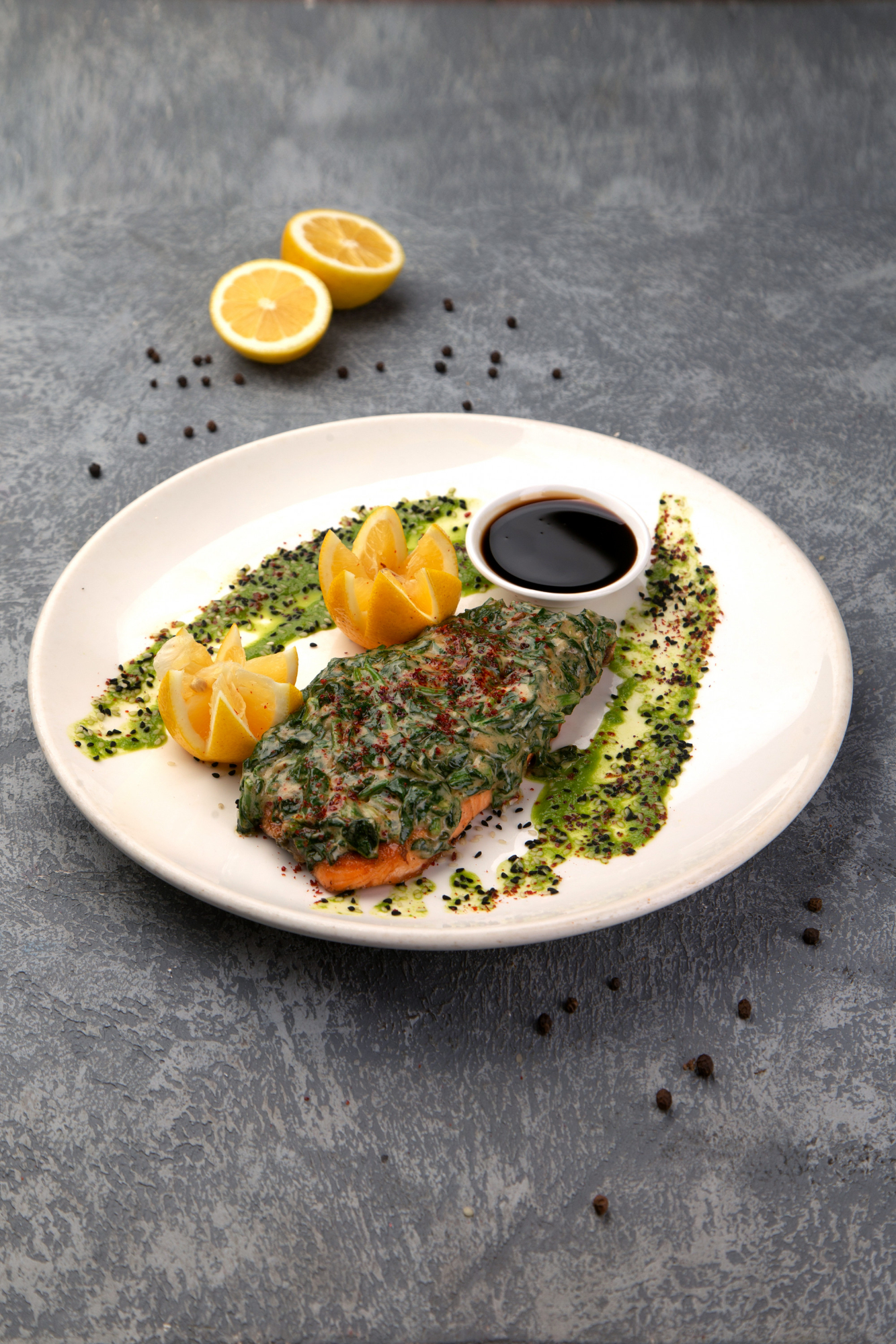 Charred greens with toasted seed dressing